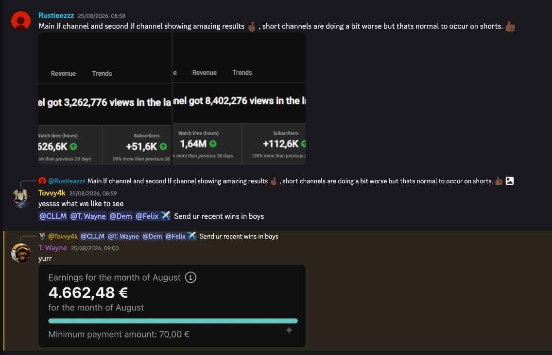 Member channels at 3.2M and 8.4M views plus €4,662 earnings