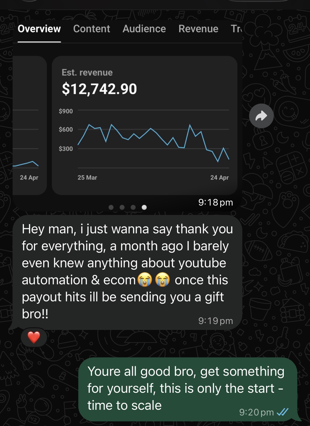 Mentorship member YouTube channel revenue growth chart